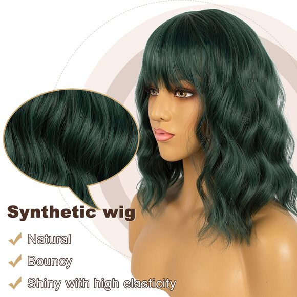 Women Dark Green Loose Wavy Wig Curly Wavy Shoulder Length Bob - Picture 2 of 3
